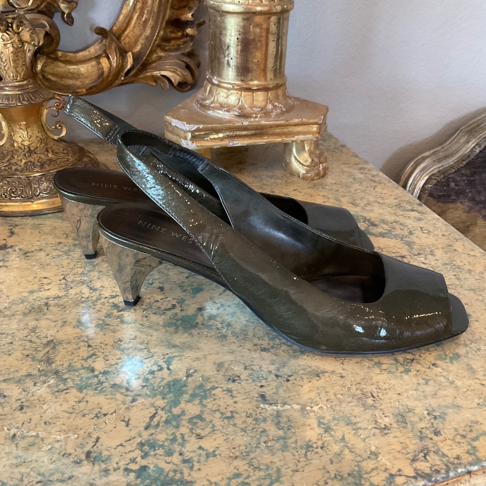 Nine West Olive green metallic sling back with silver heel detail, 8m